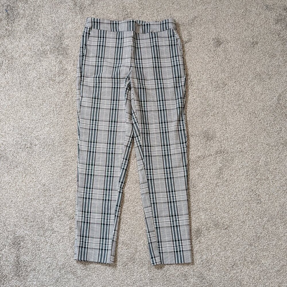 AVA & GRACE Black/White/Green Plaid Mid-Rise Stretch Pull-On Ankle Pants; Size M